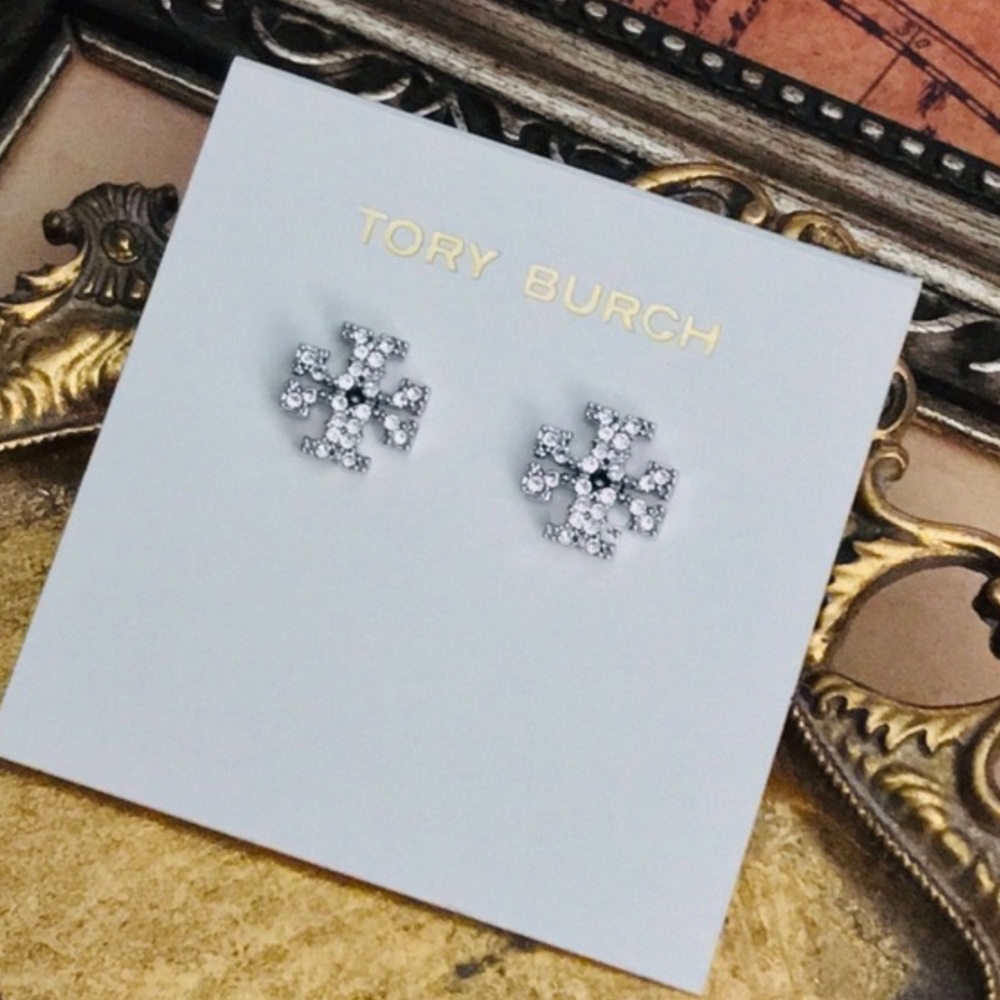 TORY BURCH • Silver Crystal Logo Earrings - Picture 1 of 4